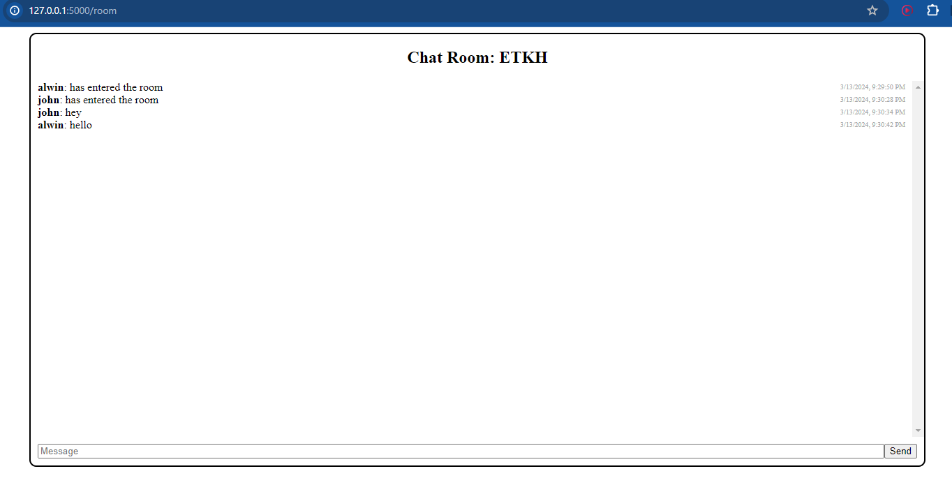 Real-time chat application interface showing multiple chat rooms and message history