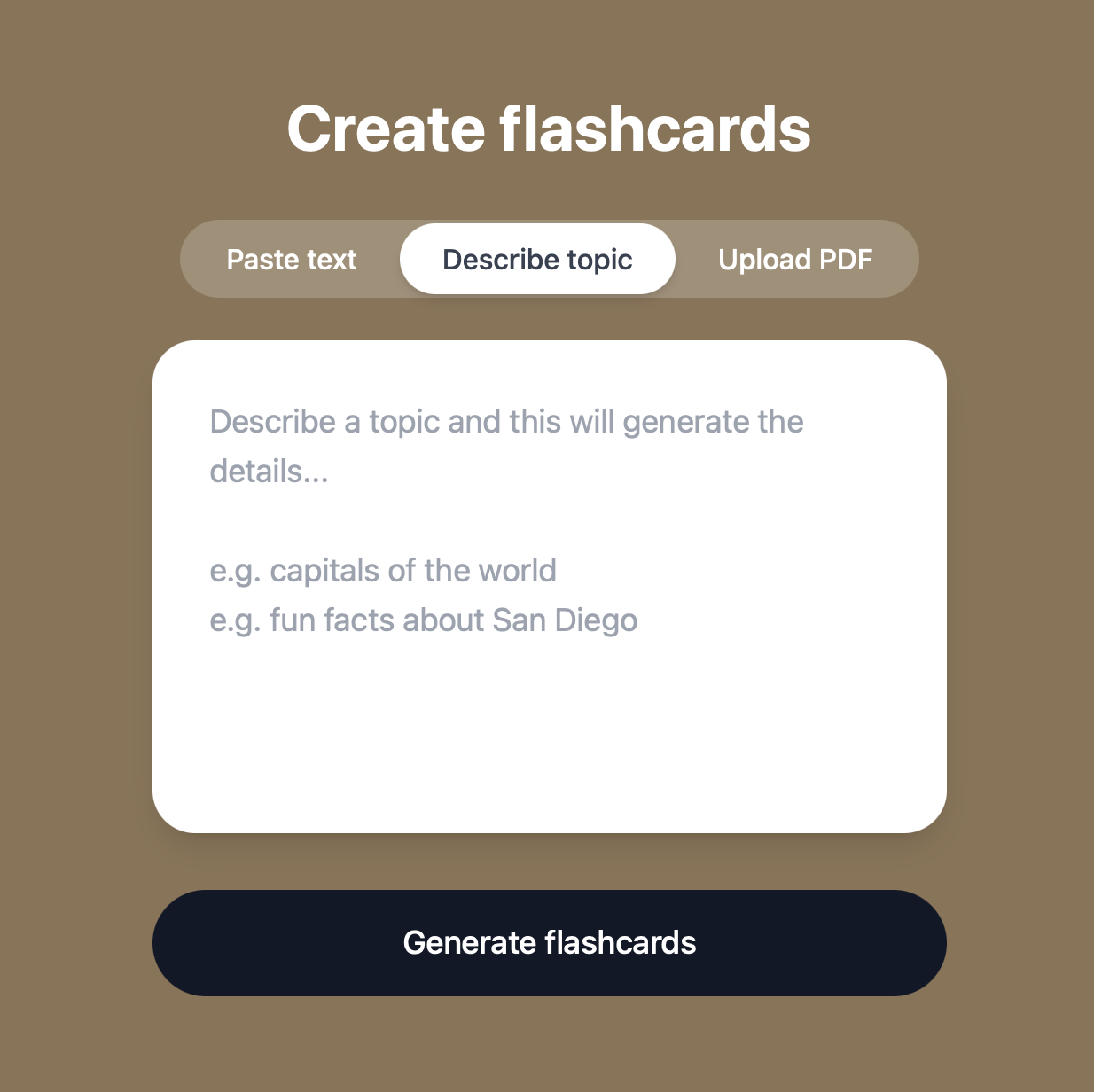 AI Flashcard Generator interface