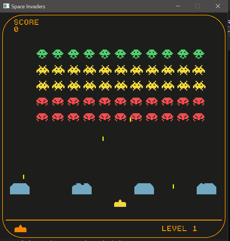 Space Invaders game screenshot with alien enemies, player ship, and retro graphics